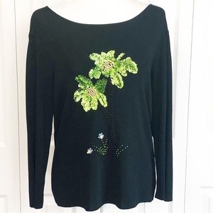 Vintage Lucia Burns Black Sequin Floral Palm Tree Print Top Large